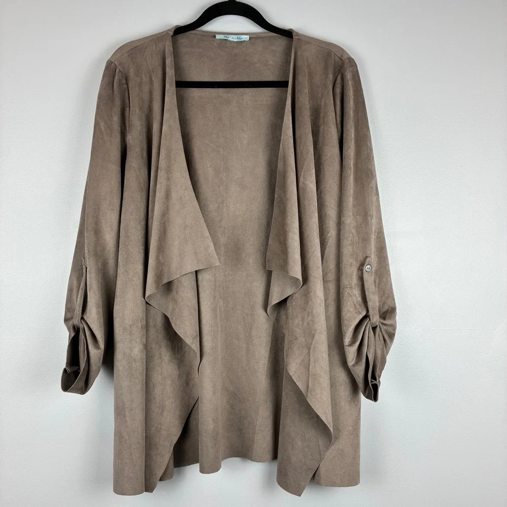 She + Sky Taupe Faux Suede Drape‎ Jacket Large Modern Boho Minimalist Waterfall
